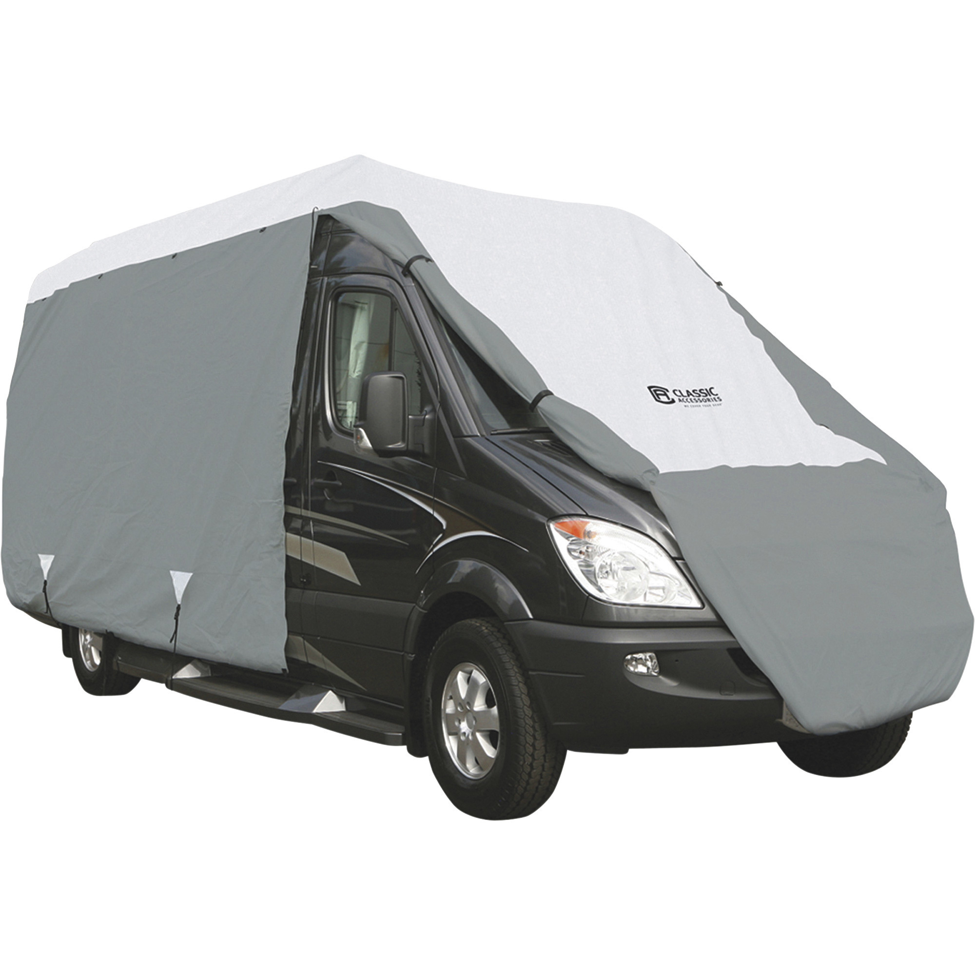 Classic Accessories OverDrive PolyPRO 3 Deluxe Class B+ RV Cover, Gray/White, Fits Class B+ RVs 23ft.-25ft.L x 128in.H, Model# 80-394-163101-RT